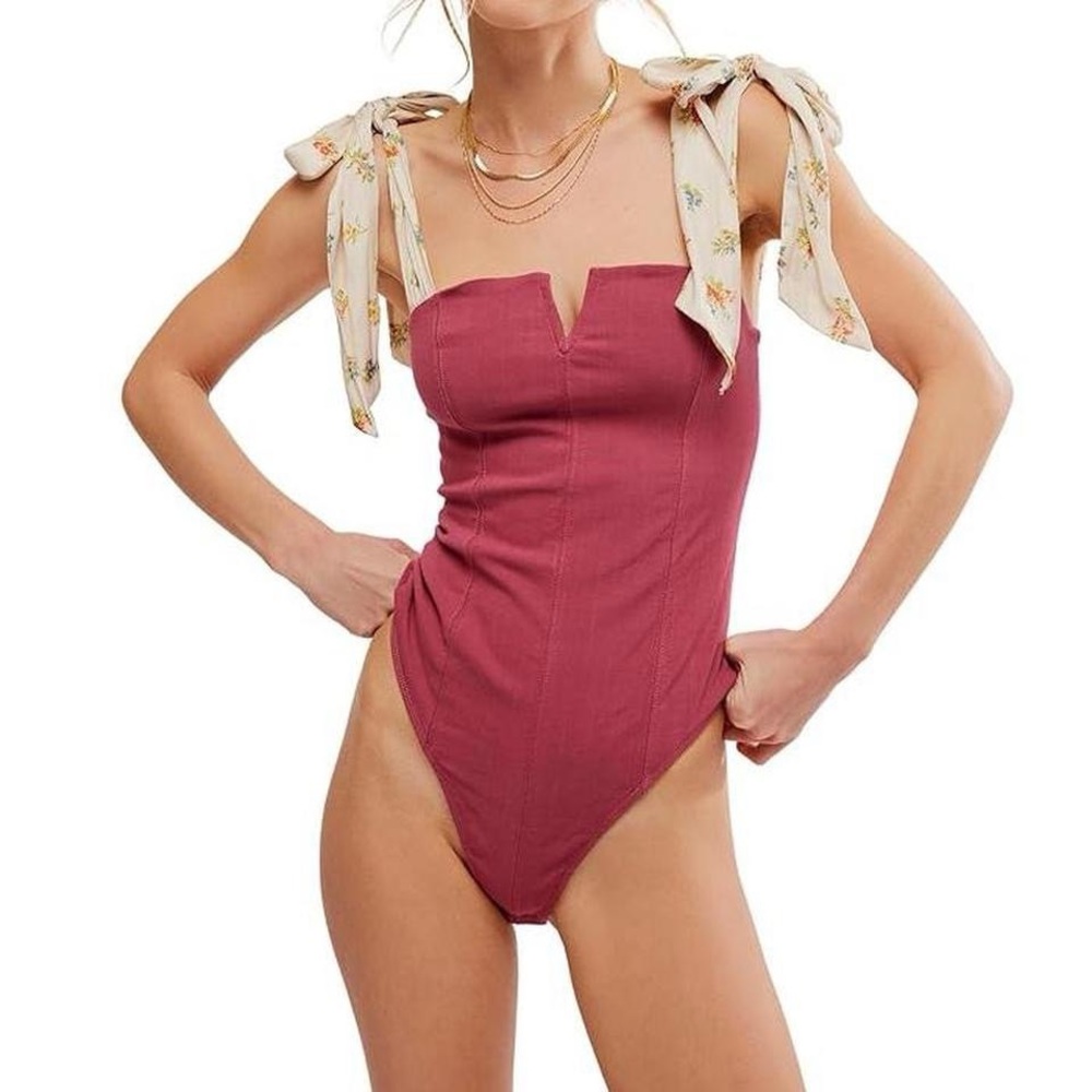 NWOT Free People Lola Floral Tie Strap Burgundy Bodysuit